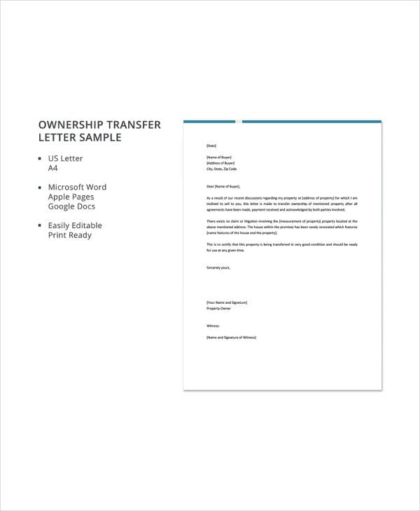 ownership transfer letter sample