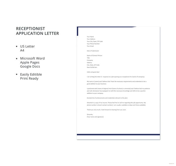 format of application letter for the post of a receptionist