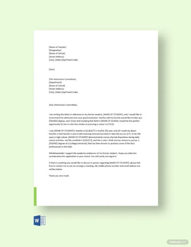 reference letter for student admission template