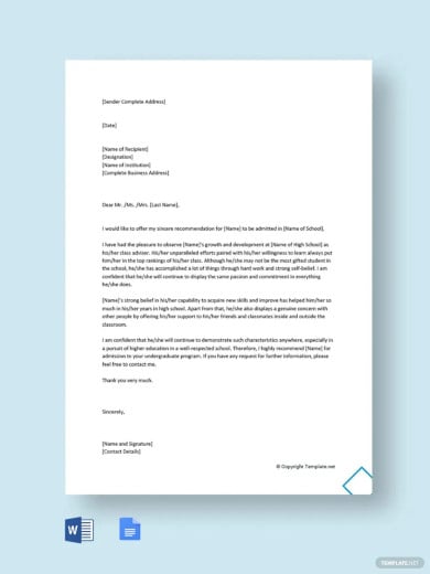 reference letter for school admission