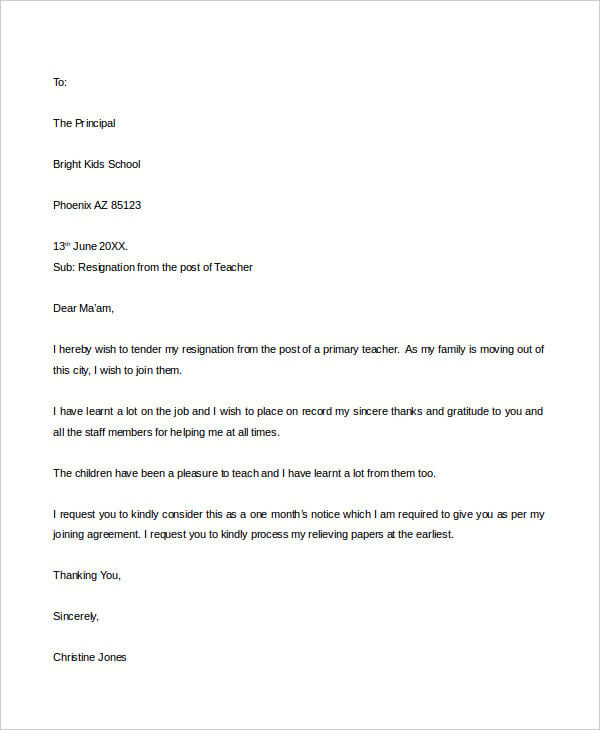resignation letter format for school teacher