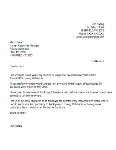 resignation letter with 3 months 30 day notice