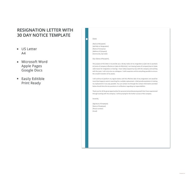 8 Resignation Letter With 30 Day Notice Template PDF DOC Free 