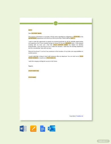 resignation letter with one month notice template