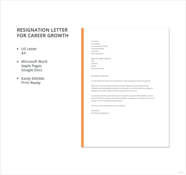 resignation letter for career growth template