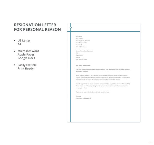 resignation letter for personal reason template