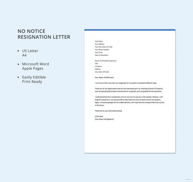 Short Notice Resignation Letter in Pages, Outlook, PDF, Word, Google Docs -  Download