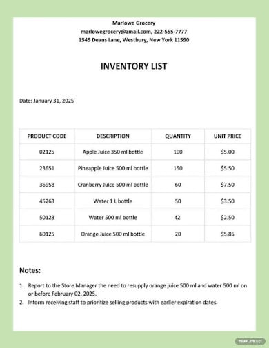restaurant inventory list