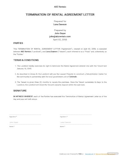 sample termination of rental agreement letter by landlord template