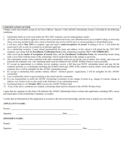 spouse certification scholarship application letter