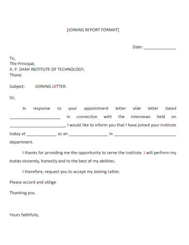 teacher appointment letter with joining report