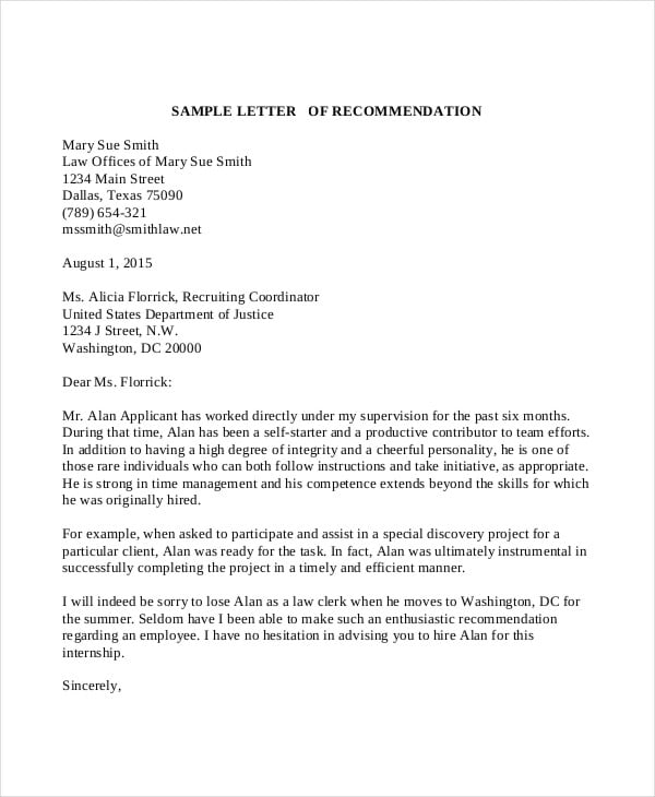 recommendation letter for job from employer