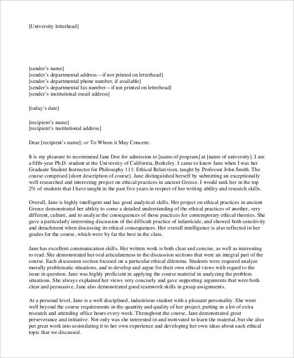 academic recommendation letter format