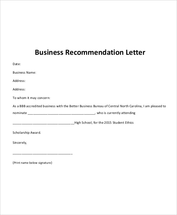 business recommendation letter format