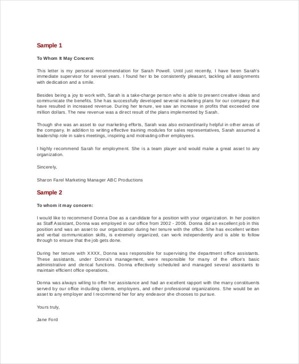 format of recommendation letter for job