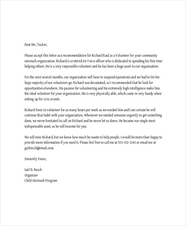 recommendation letter for a student volunteer