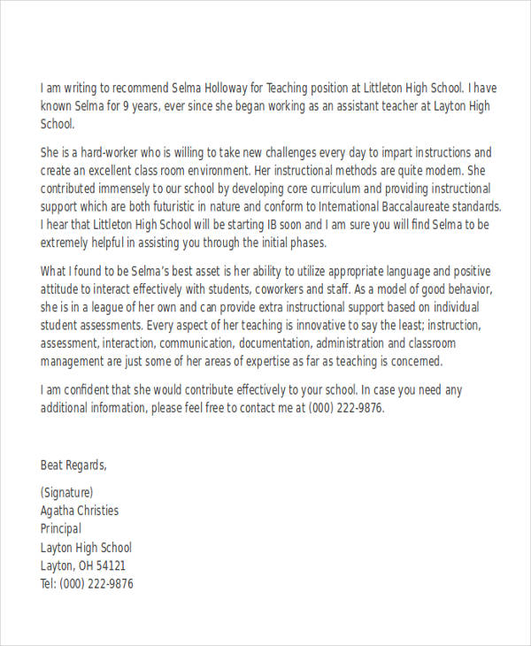 sample recommendation letter for teacher from principal