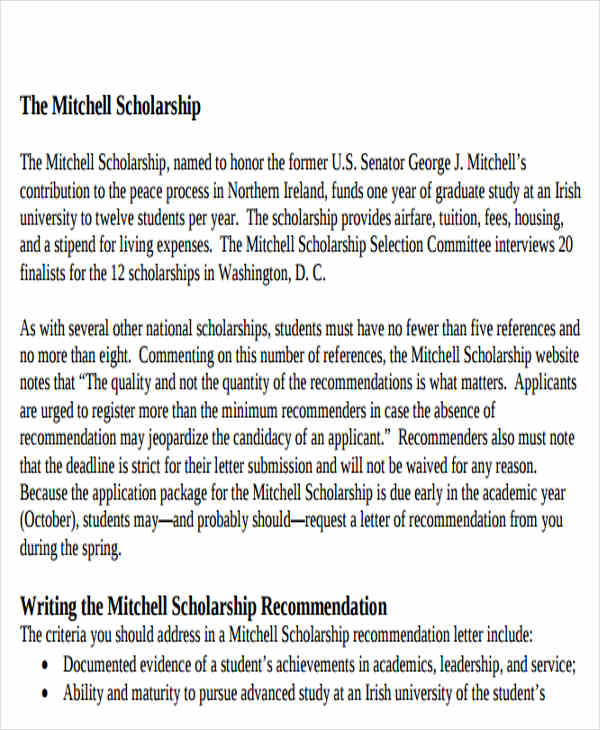 sample recommendation letter for scholarship from professor