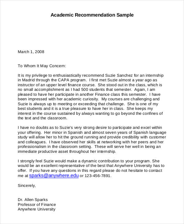 recommendation letter research sample