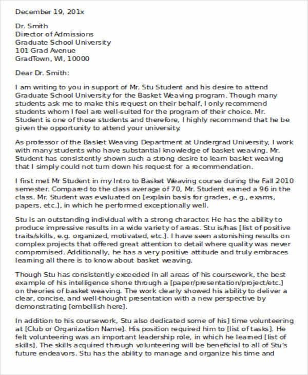 graduate school recommendation letter from professor