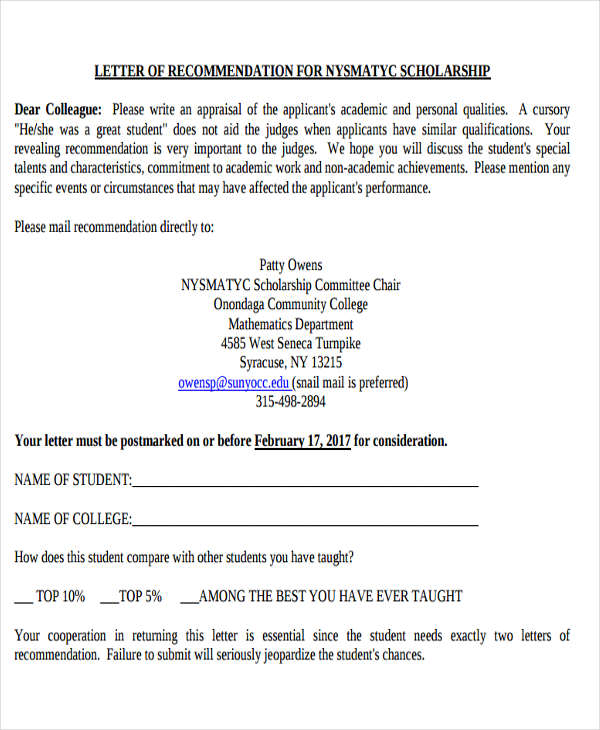 college scholarship recommendation letter template