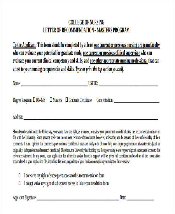 recommendation letter for nursing school student