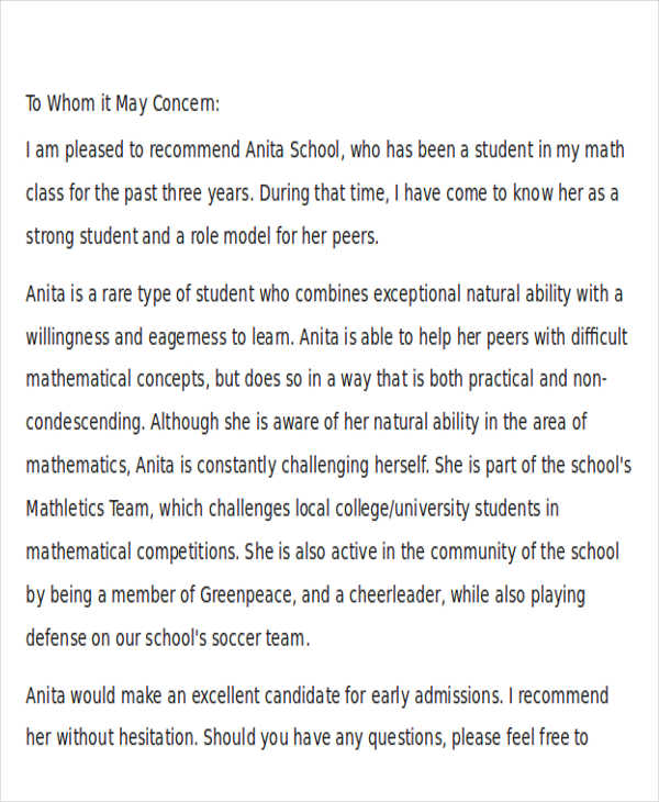 college admission recommendation letter template