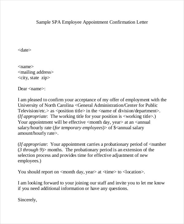 job appointment confirmation letter