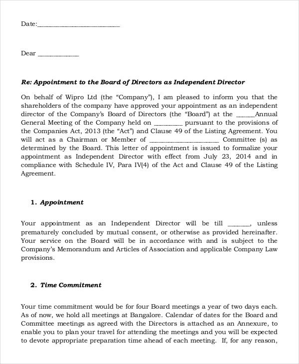 acceptance of board appointment letter