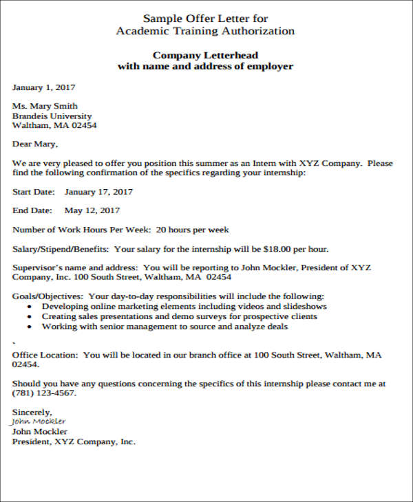 project training offer letter format