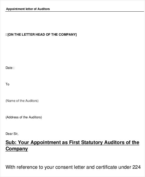 Format for Appointment Letter of An Auditor