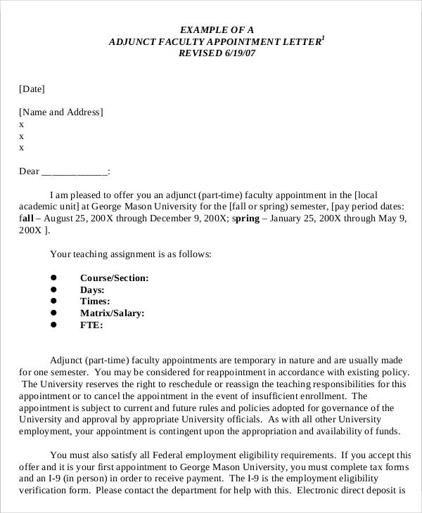 Adjunct Faculty Appointment Letter