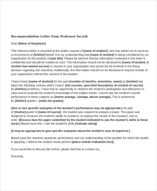 recommendation letter from professor for job