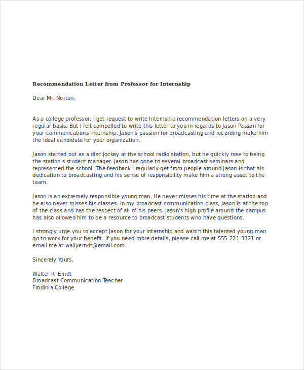 recommendation letter from professor for internship