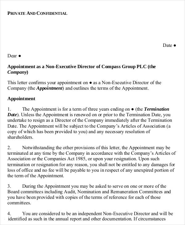 Standard Appointment Letter for Non Executive