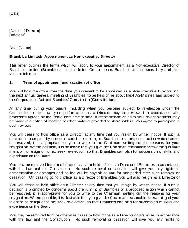 Non Executive Directors Letter of Appointment 