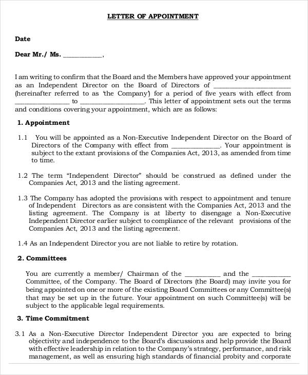 Independent Director Appointment Letter