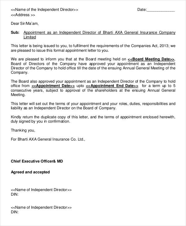 Board of Director Appointment Letter