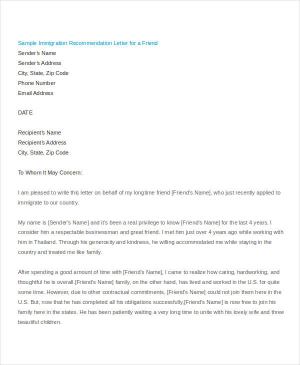 36 simple recommendation letter templates free word sample of letter of recommendation for immigration