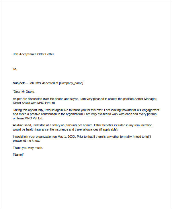 job acceptance offer letter