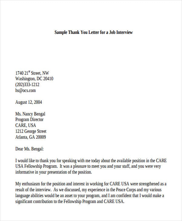 job interview thank you letter
