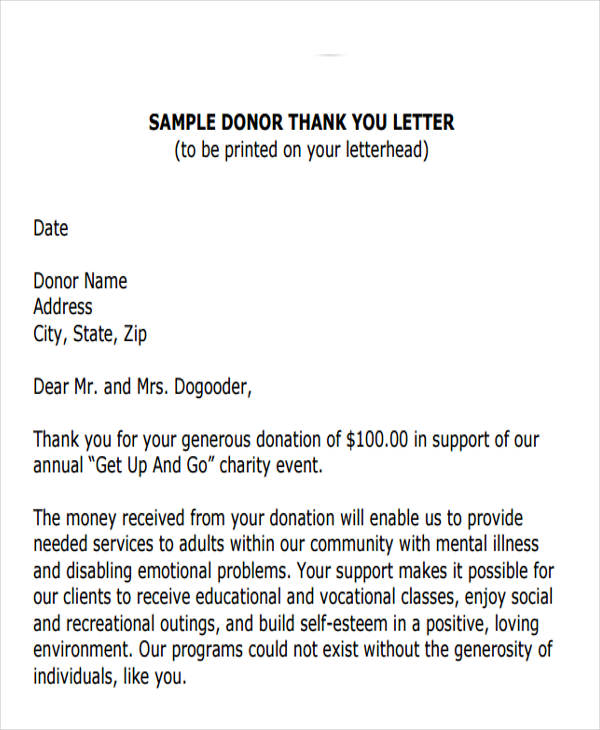 charity donation thank you letter