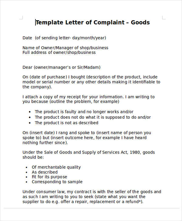 formal complaint letter for goods