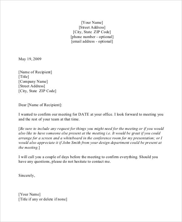 sample letter confirmation of meeting appointment