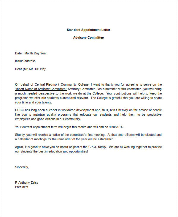 advisory board appointment letter