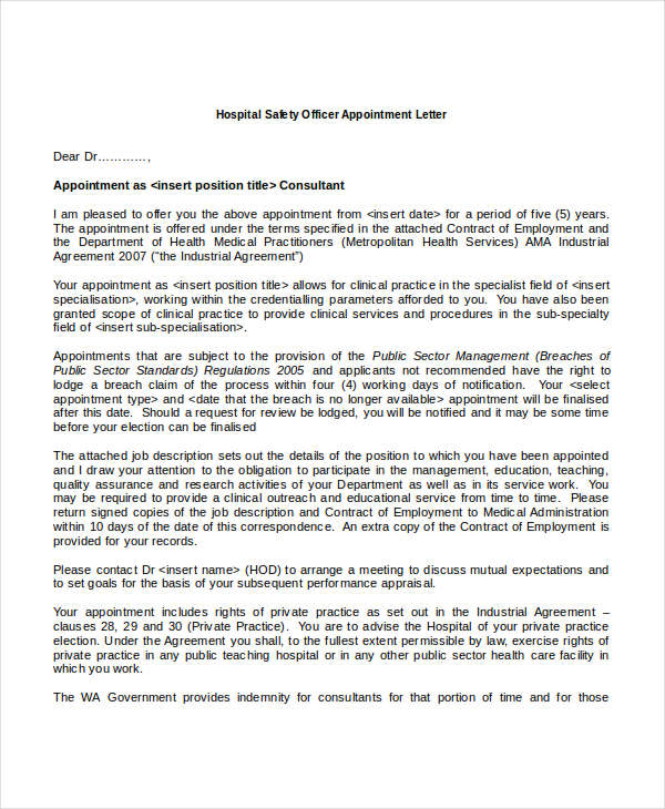 hospital safety officer appointment letter