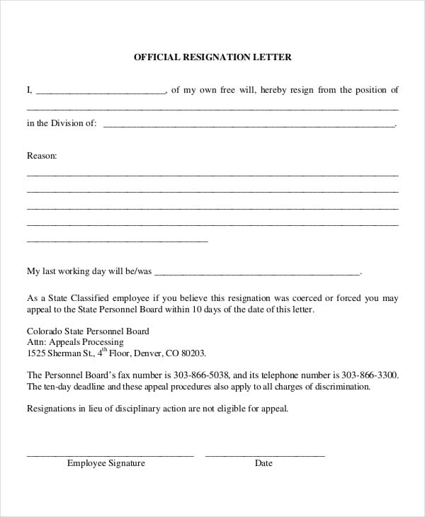 formal job resignation letter
