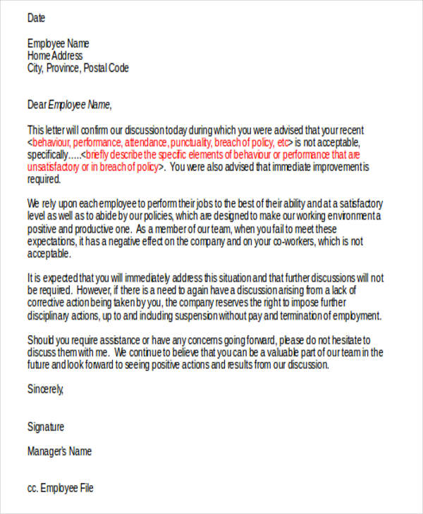 restaurant staff warning letter template
