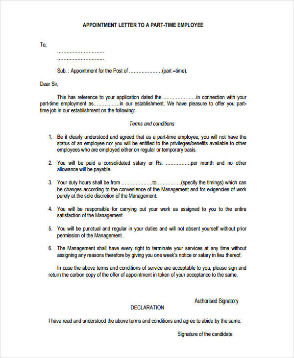 part time employee appointment letter