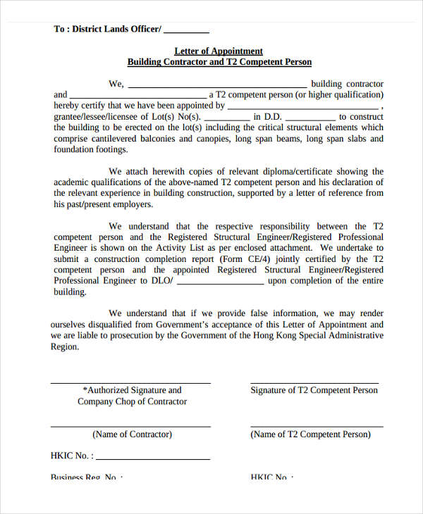 building contractor appointment letter
